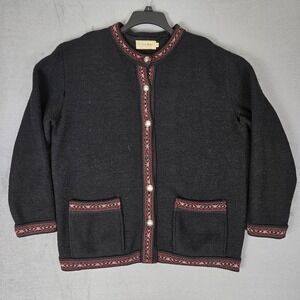 Vintage LL Bean Cardigan Women Medium Black 100% Wool Faireisle Sweater *READ